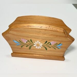 Vintage Swedish Folk Art 1970s Handpainted Wood Napkin Holder Floral Kosta-Slöjd
